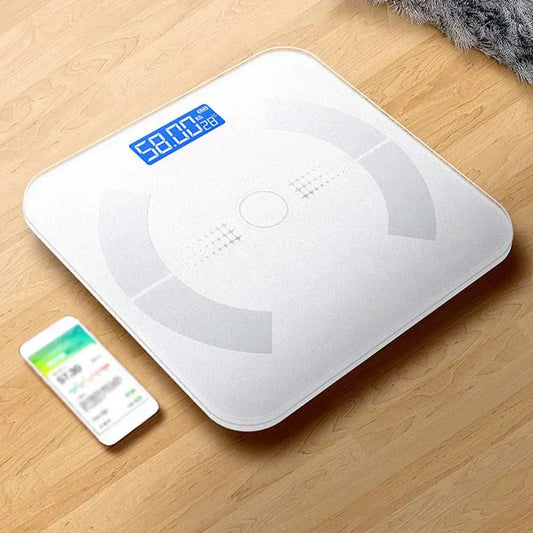 Intelligente Körperanalysewaage mit LCD-Display misst Körperfett, Wasser, Muskel- und Knochenmasse, verbindet sich via Bluetooth und wiegt bis 180 kg.