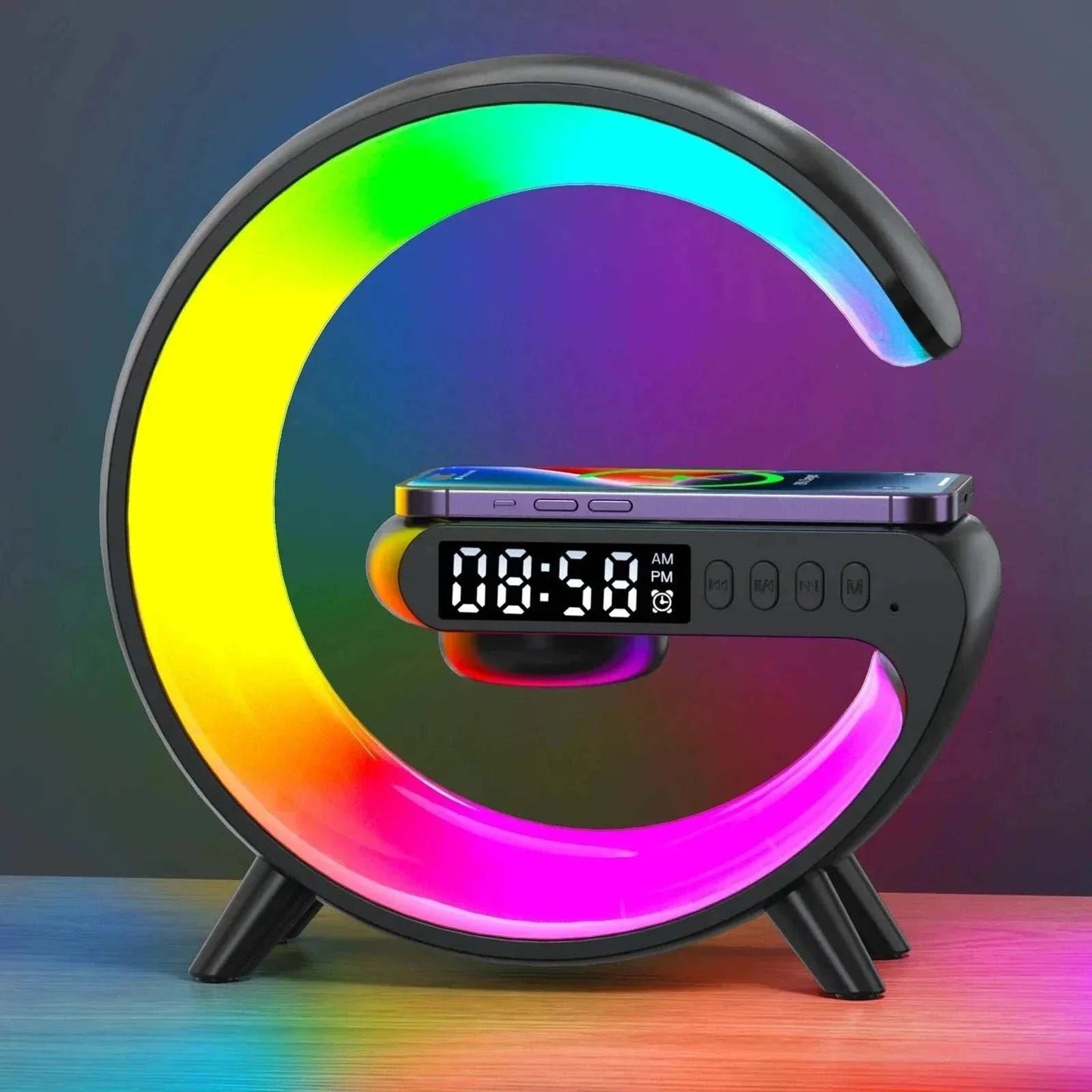 Multifunktionale kabellose Ladestation mit Lampe, RGB-Beleuchtung und Weckerfunktion auf Schreibtisch